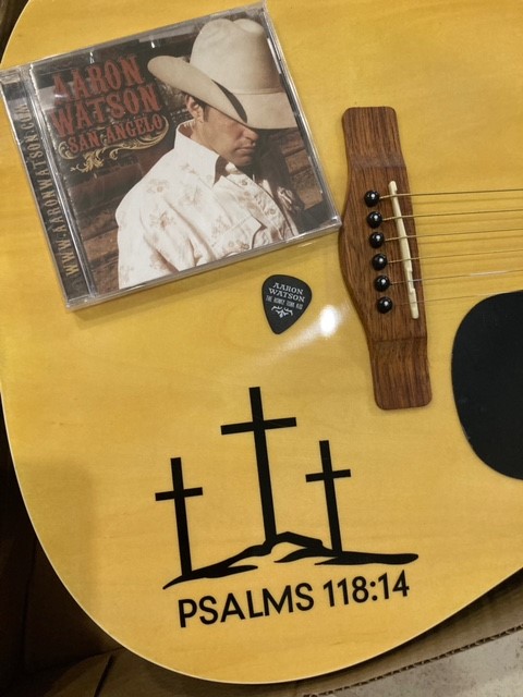 Aaron Watson Signed Guitar, Album, Pick and Stand